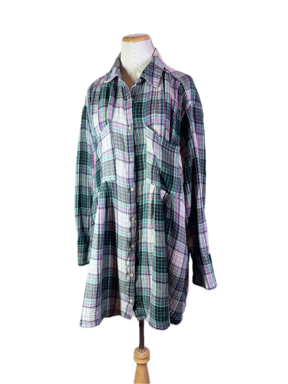 Free People XL The Voyage Shirt Dress Gauze Plaid Button-Up Long Sleeve Pockets